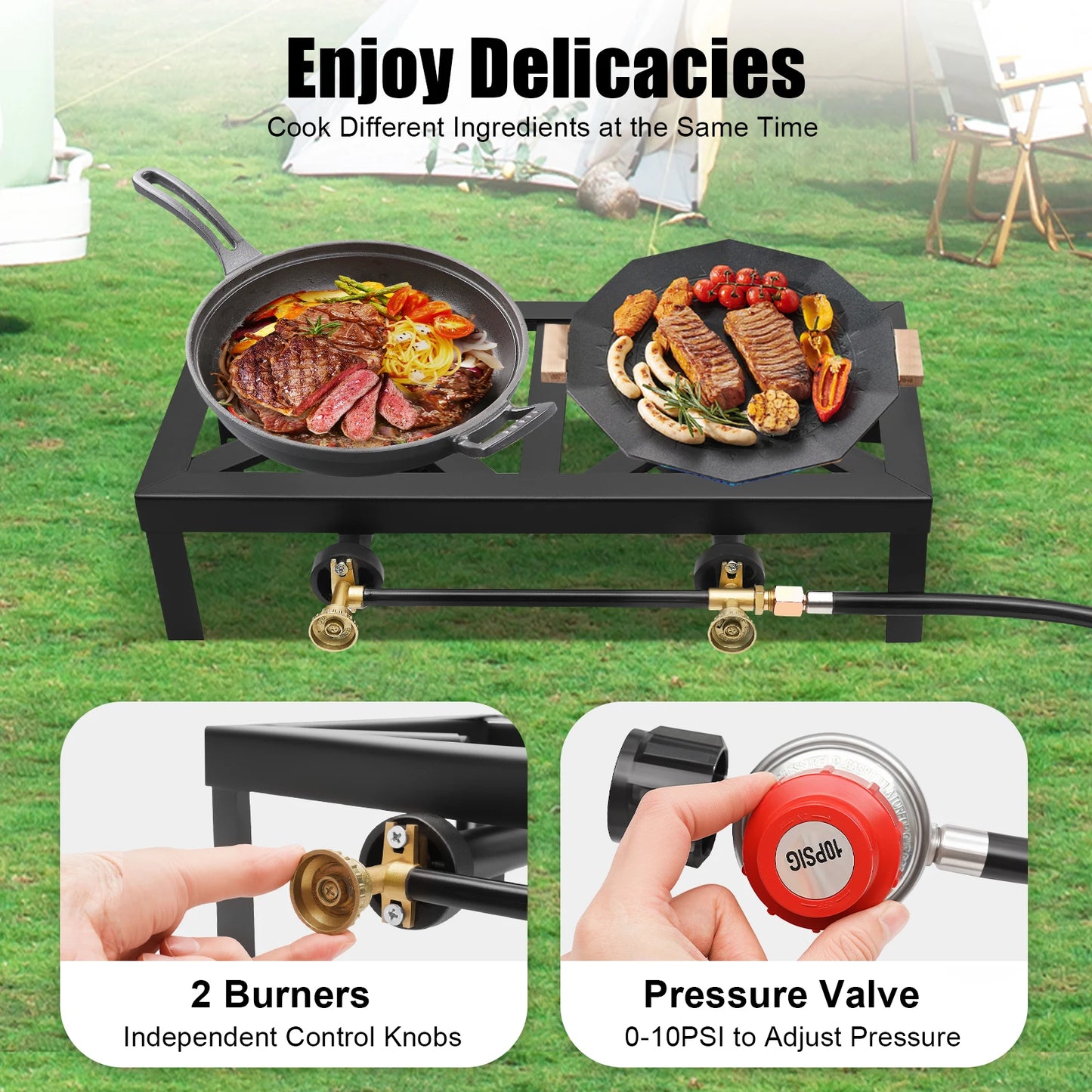 Portable Double Burner Gas Stove With 0-10 PSI Regulator