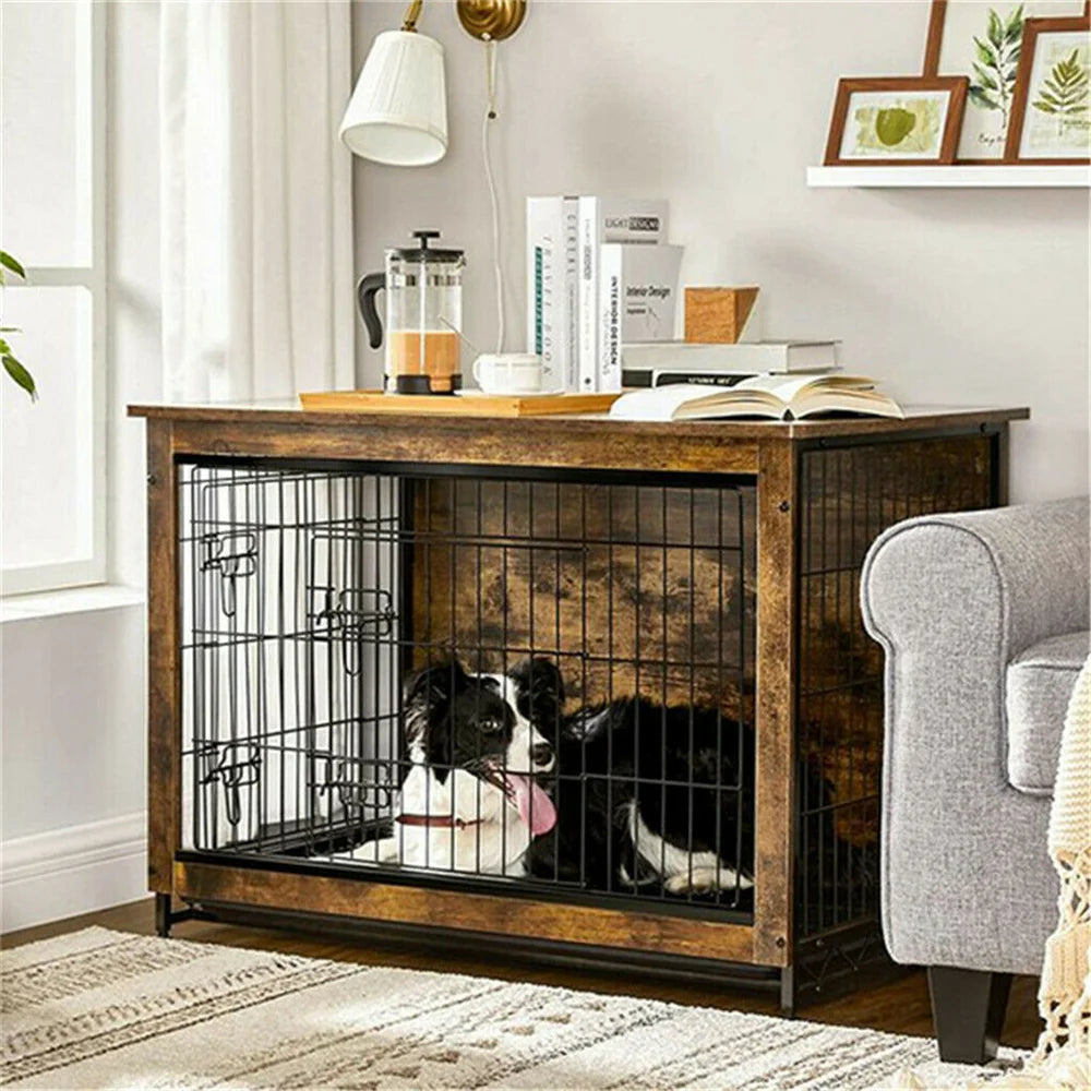 BORWART Elevated Wooden Dog Crate End Table With Double Door Removable Tray