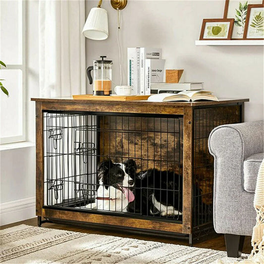 BORWART Elevated Wooden Dog Crate End Table With Double Door Removable Tray