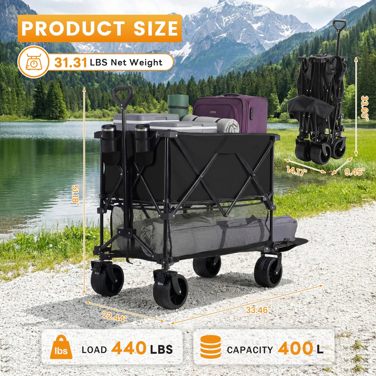 JHK Outdoor Double Decker Wagons Cart Large Capacity Collapsible