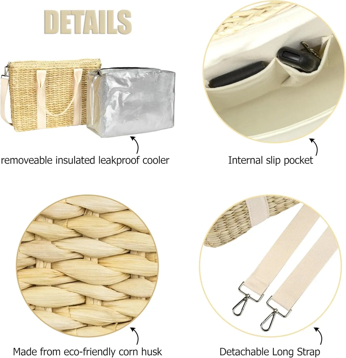 Insulated Beach Cooler Bag, Leak Proof, Premium Quality Corn Husk, Beach Bag, Pool Bag, Tote Bag