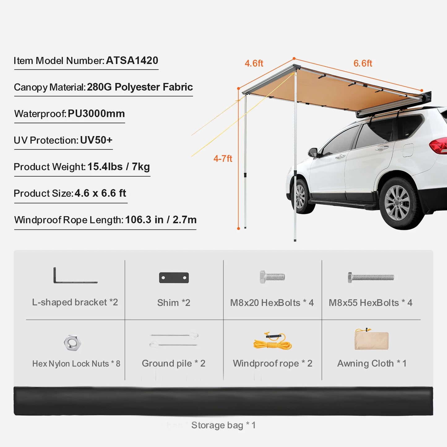 SucceBuy Vehicle Awning Retractable Car Side Shelter Waterproof Storage Bag