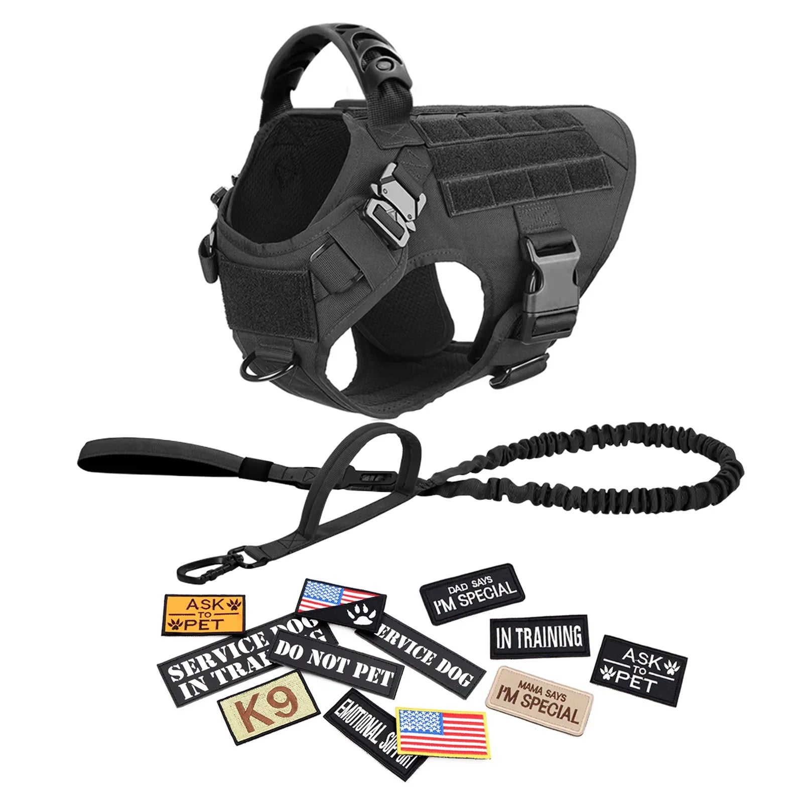 Military Tactical Malinois Harness Vest Set With Leash Patches - Paws and Pro's Outfitters