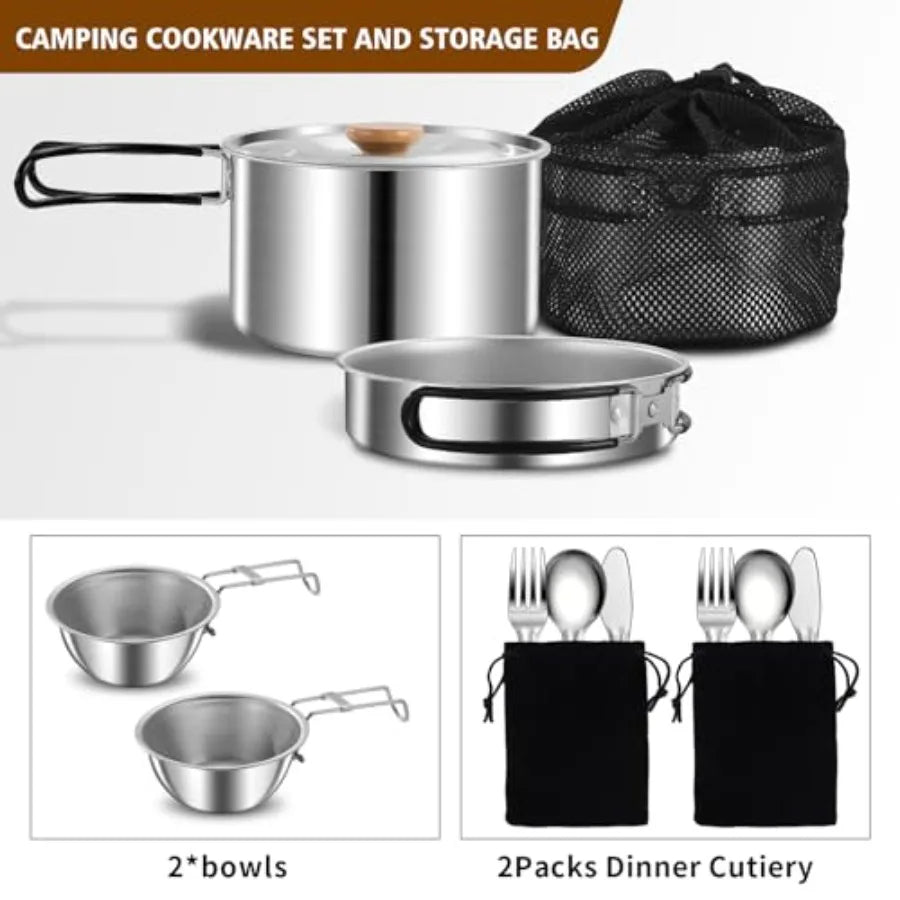 11 Piece Camping Cookware Set Stainless Steel Nonstick Pots Pans Bowls