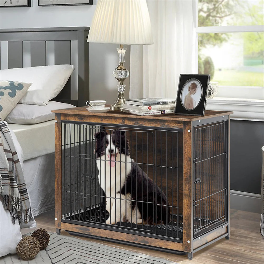 BORWART Elevated Wooden Dog Crate End Table With Double Door Removable Tray