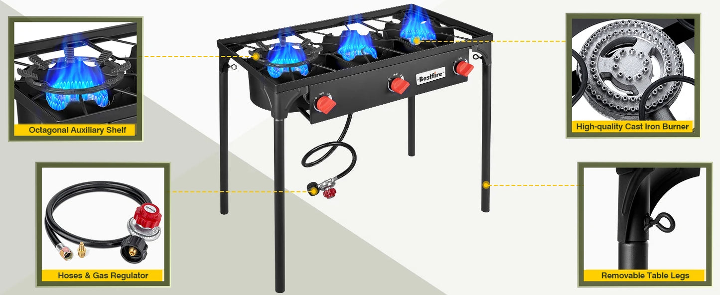 3 Burner Propane Camping Stove With Adjustable Regulator