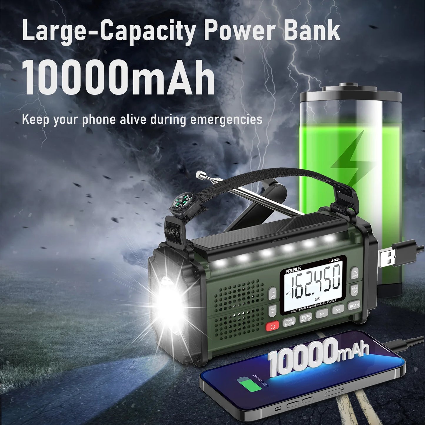 PRUNUS 924 Hand Crank Radio 10000mAh Solar NOAA AM FM SW Power Bank