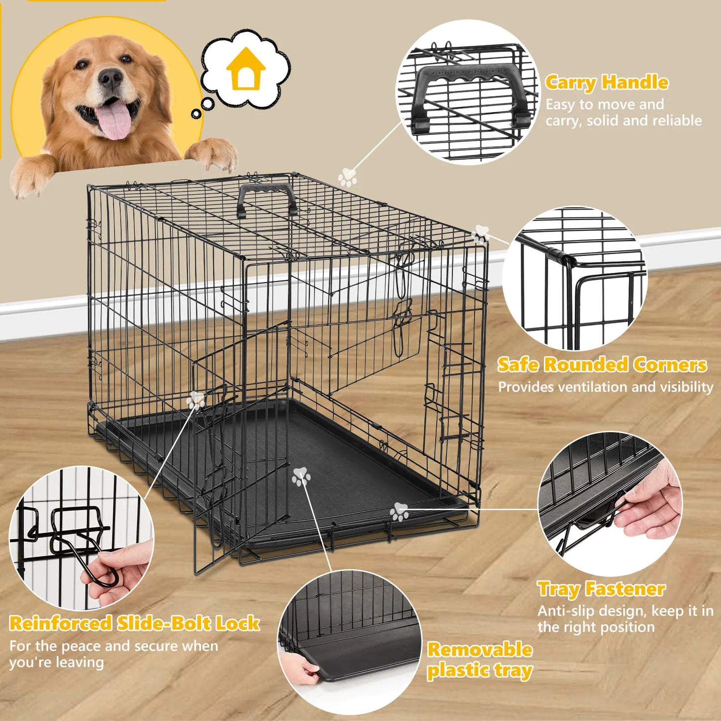 JHK Folding Metal Dog Cage With Leak Proof Pan Tray