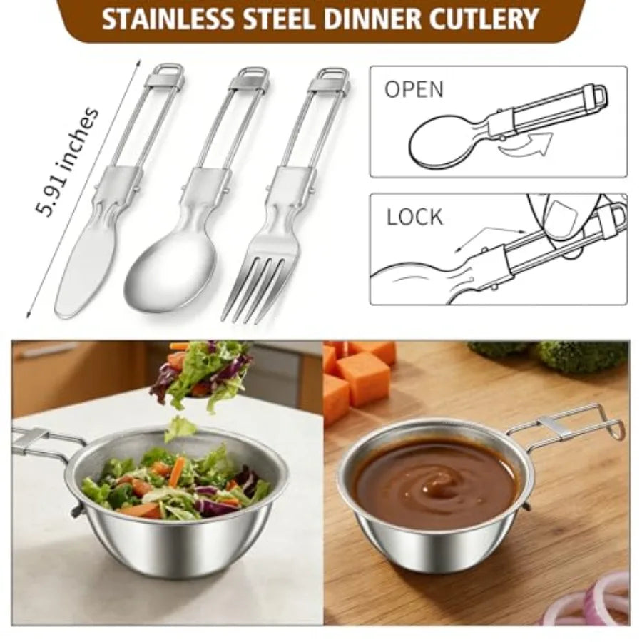 11 Piece Camping Cookware Set Stainless Steel Nonstick Pots Pans Bowls