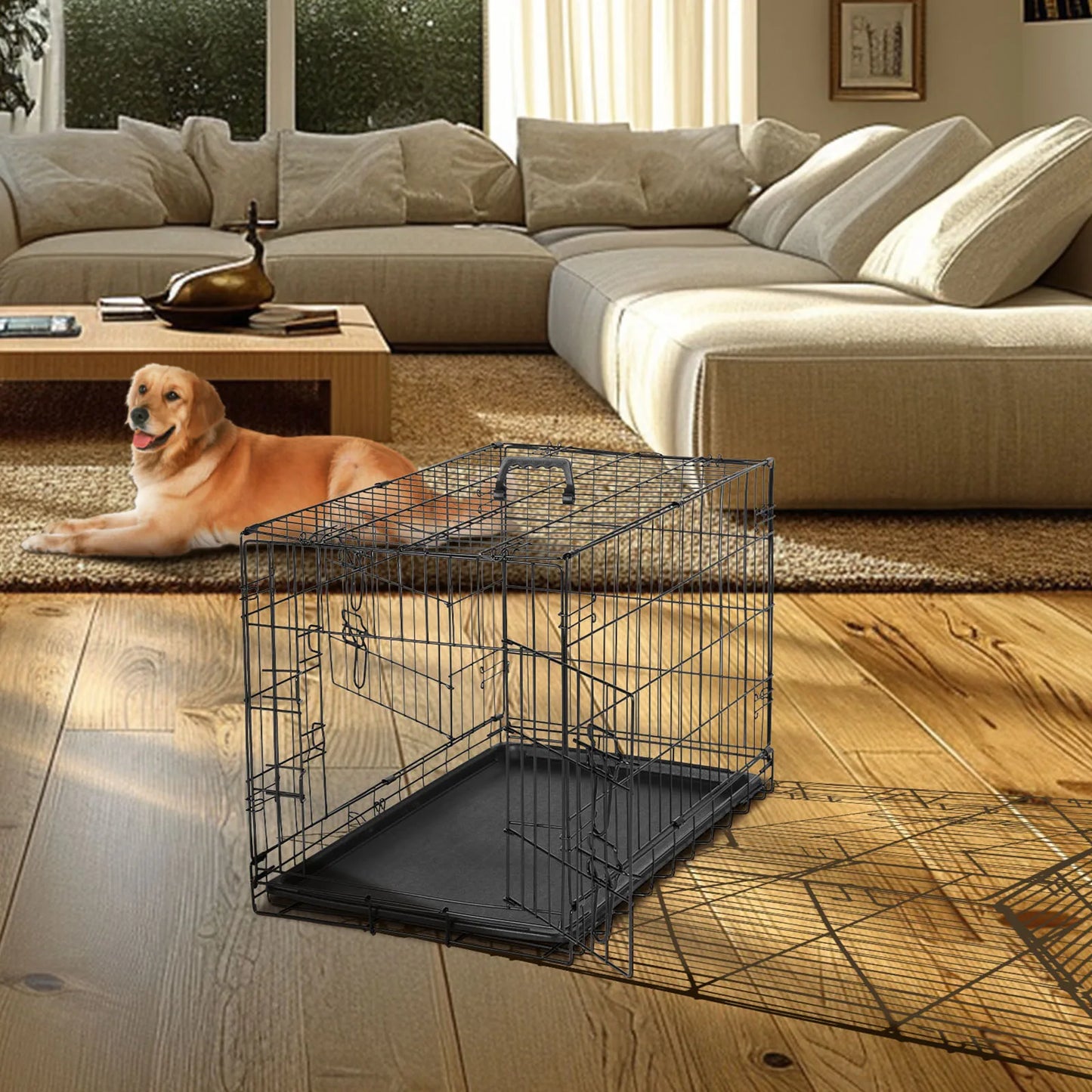 JHK Folding Metal Dog Cage With Leak Proof Pan Tray