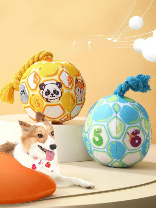 Cartoon Pattern Dog Toy Ball With Rope Squeaky Durable Interactive