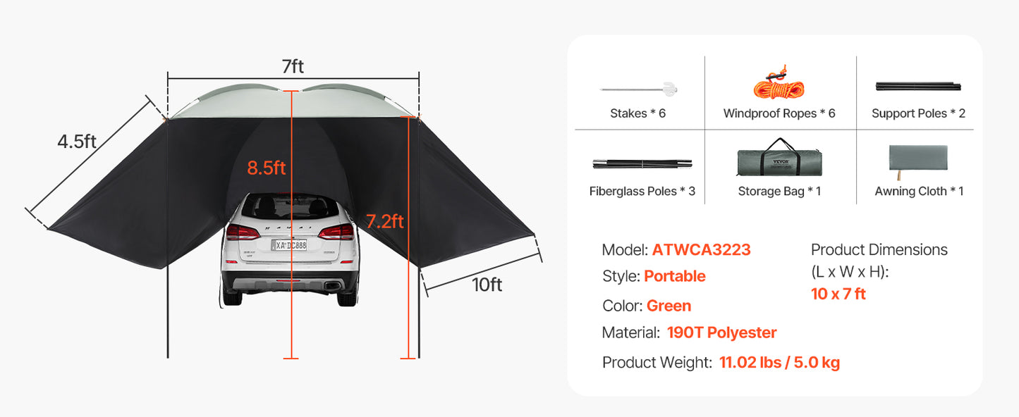 SucceBuy Vehicle Awning Retractable Car Side Shelter Waterproof Storage Bag