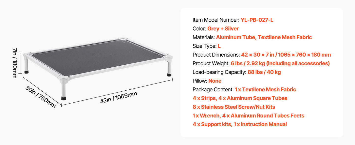 SucceBuy Elevated Dog Bed Portable Aluminum Frame Breathable Textilene Mesh