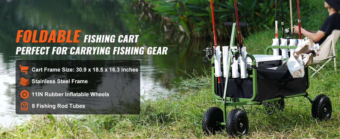 SucceBuy Beach Fishing Cart Foldable Wagon With 4 Wheels And 8 Rod Holders