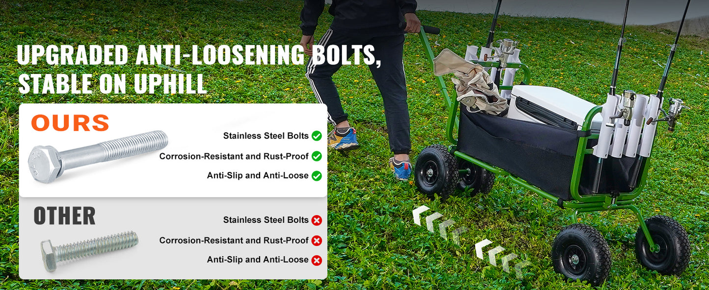 SucceBuy Beach Fishing Cart Foldable Wagon With 4 Wheels And 8 Rod Holders