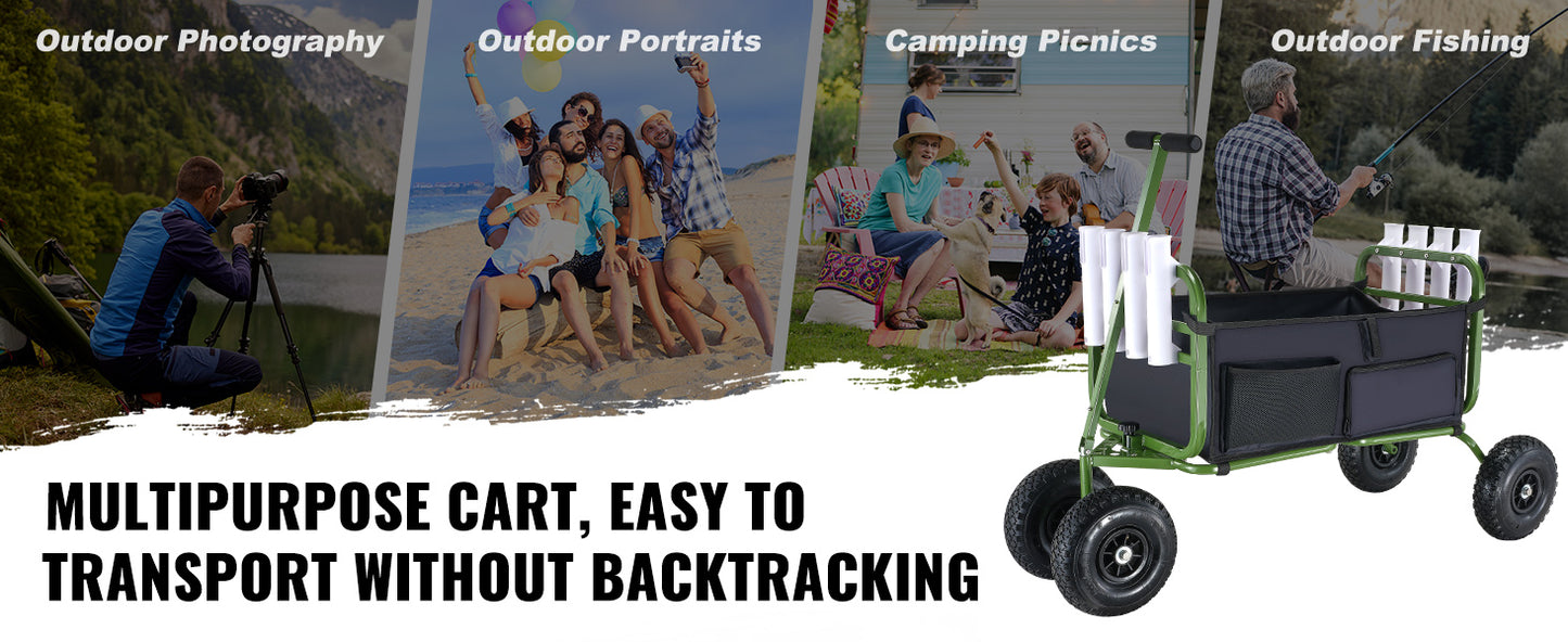 SucceBuy Beach Fishing Cart Foldable Wagon With 4 Wheels And 8 Rod Holders