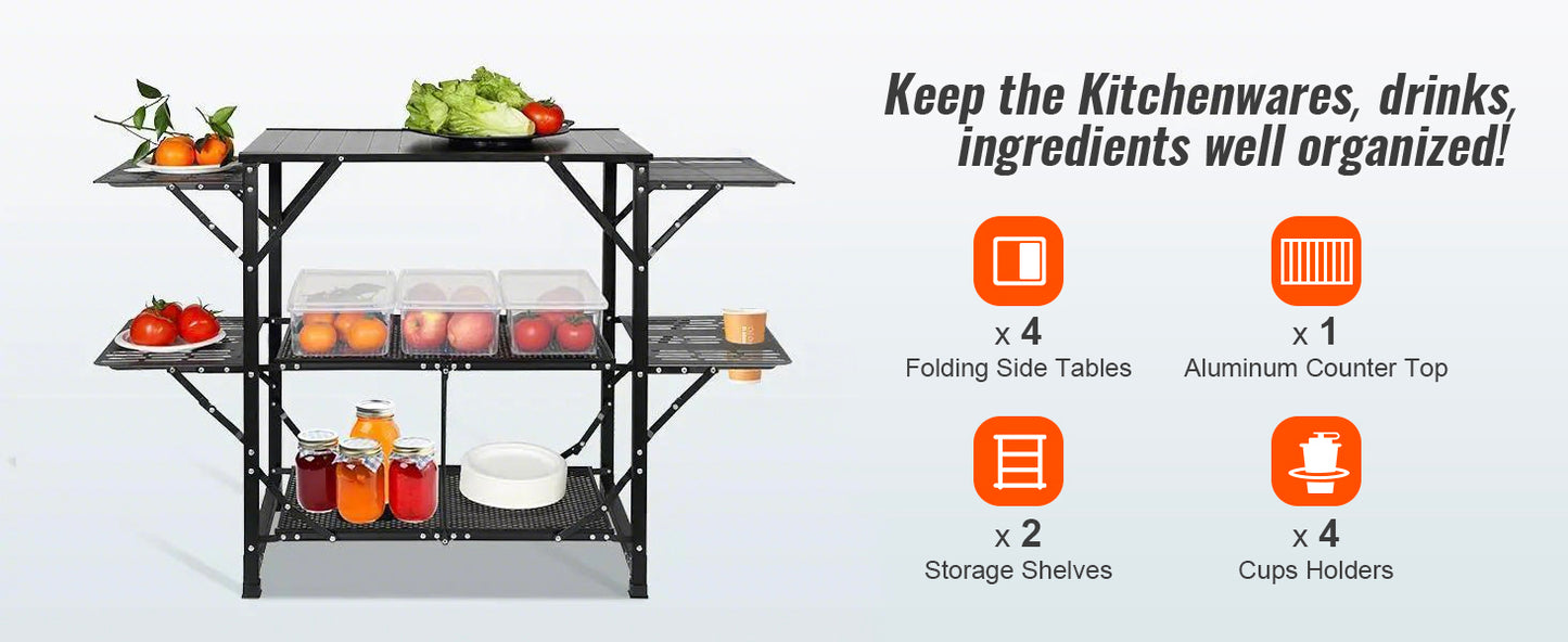 SucceBuy Camping Kitchen Table One-piece Folding Portable Cook Station Aluminum Camping Folding Table for Outdoor Picnics BBQ