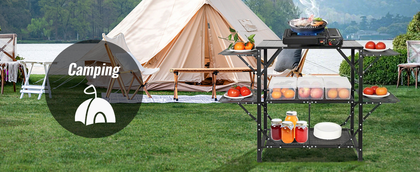 SucceBuy Camping Kitchen Table One-piece Folding Portable Cook Station Aluminum Camping Folding Table for Outdoor Picnics BBQ