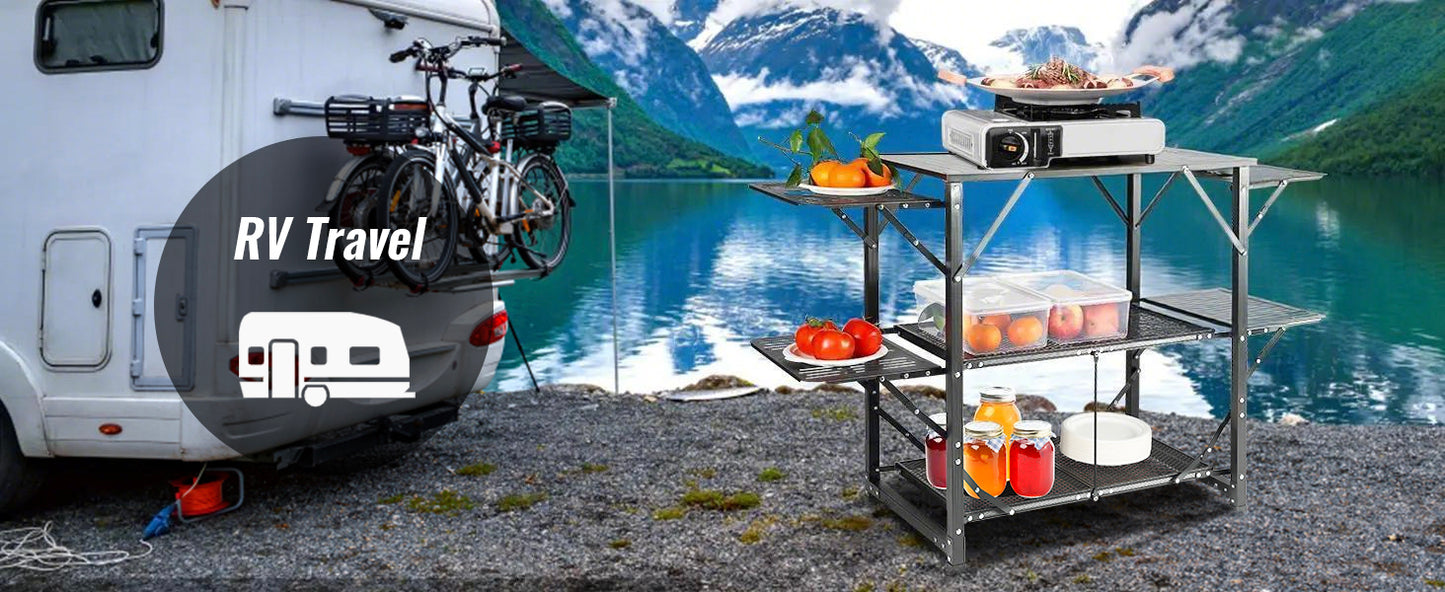 SucceBuy Camping Kitchen Table One-piece Folding Portable Cook Station Aluminum Camping Folding Table for Outdoor Picnics BBQ