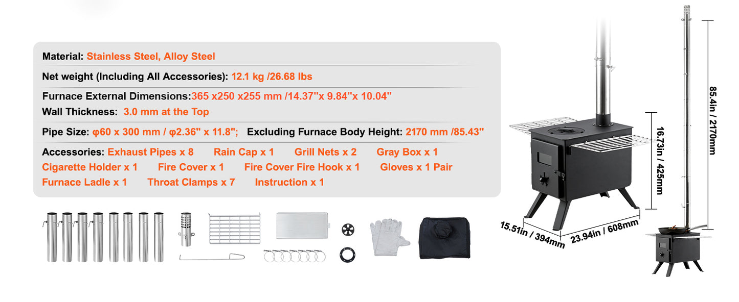 SucceBuy Wood Stove 86in Alloy Steel Camping Tent Stove Portable Wood Burning Stove with Chimney Pipes & Gloves 1400in³Firebox