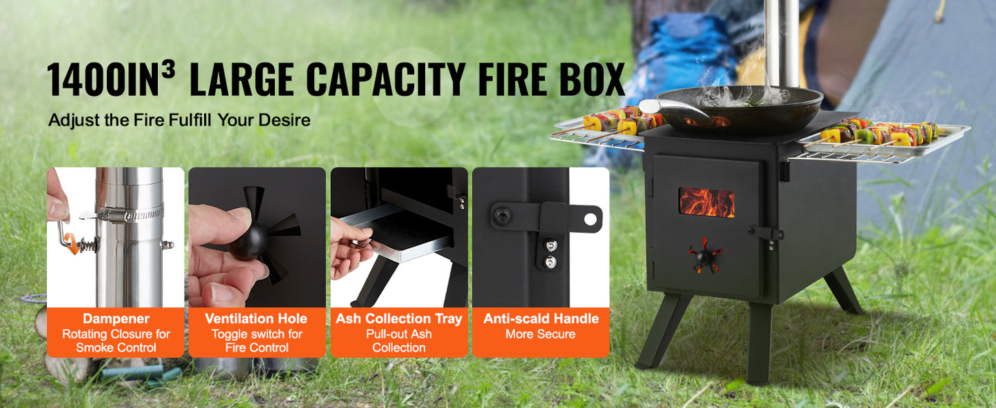 SucceBuy Wood Stove 86in Alloy Steel Camping Tent Stove Portable Wood Burning Stove with Chimney Pipes & Gloves 1400in³Firebox
