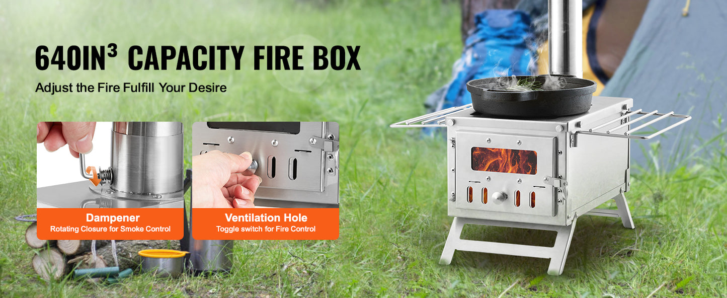 SucceBuy Wood Stove 80 in Stainless Steel Camping Tent Stove Portable Burning Stove with Chimney Pipes & Gloves 700in³Firebox