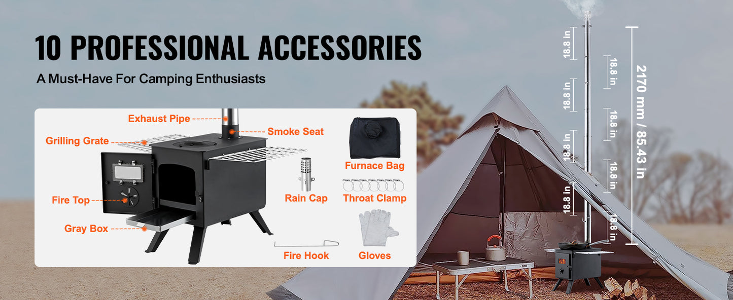 SucceBuy Wood Stove 86in Alloy Steel Camping Tent Stove Portable Wood Burning Stove with Chimney Pipes & Gloves 1400in³Firebox