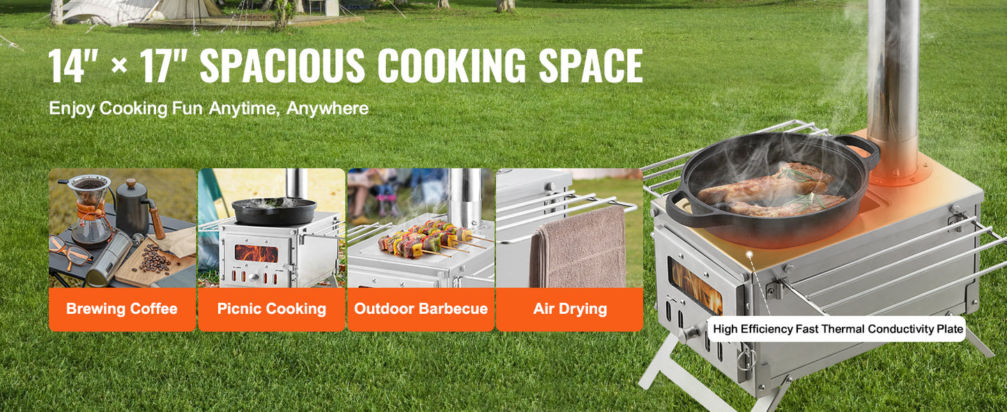 SucceBuy Wood Stove 80 in Stainless Steel Camping Tent Stove Portable Burning Stove with Chimney Pipes & Gloves 700in³Firebox