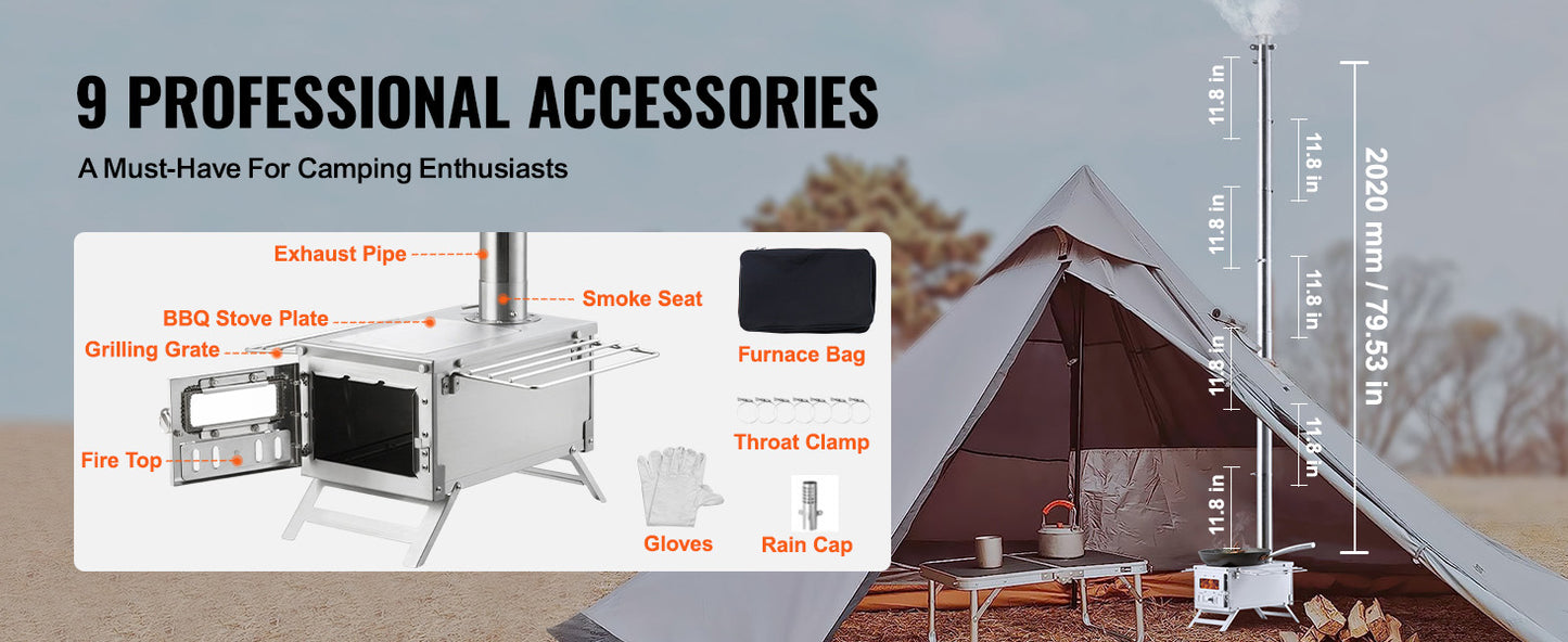 SucceBuy Wood Stove 80 in Stainless Steel Camping Tent Stove Portable Burning Stove with Chimney Pipes & Gloves 700in³Firebox