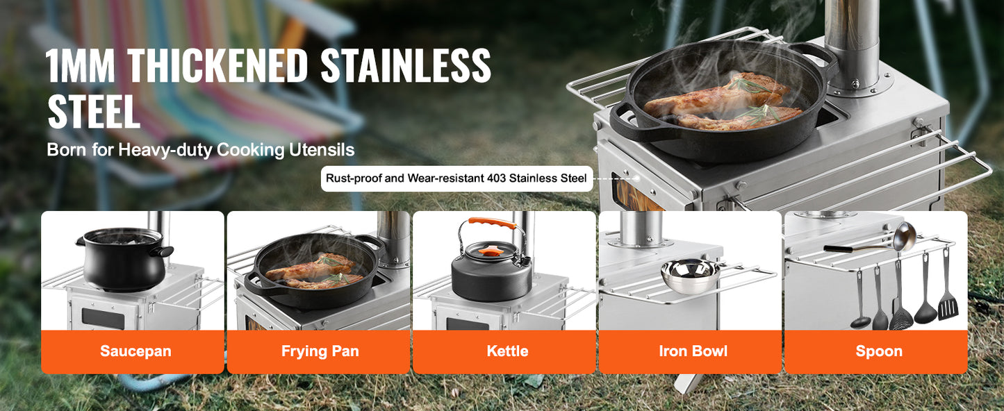 SucceBuy Wood Stove 80 in Stainless Steel Camping Tent Stove Portable Burning Stove with Chimney Pipes & Gloves 700in³Firebox