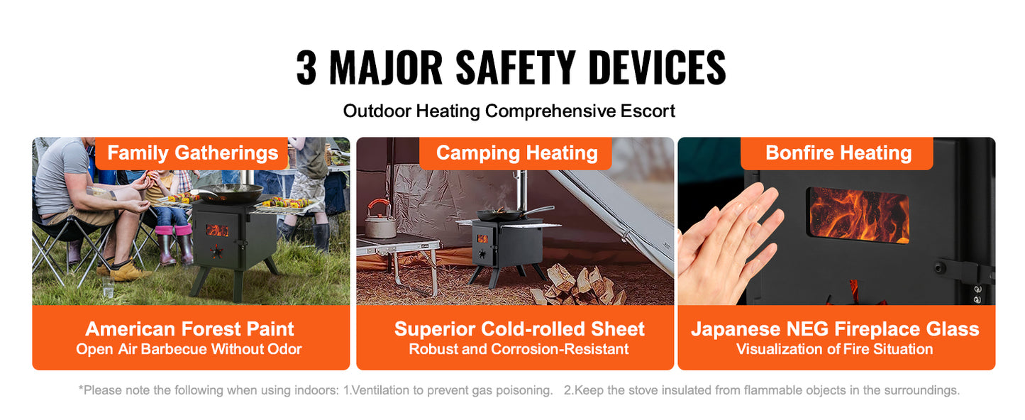 SucceBuy Wood Stove 86in Alloy Steel Camping Tent Stove Portable Wood Burning Stove with Chimney Pipes & Gloves 1400in³Firebox