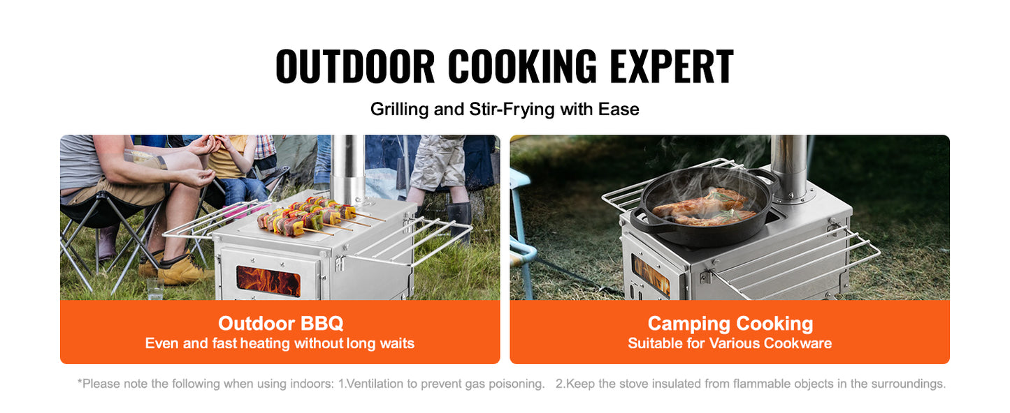 SucceBuy Wood Stove 80 in Stainless Steel Camping Tent Stove Portable Burning Stove with Chimney Pipes & Gloves 700in³Firebox